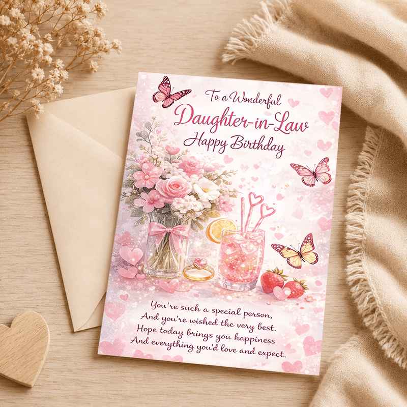 TEMU 1 Greeting Card + 1 Envelope. Pink Floral Birthday Card For Daughter-in-law Romantic, Sparkly, Heart-filled Design With Butterflies & Roses For