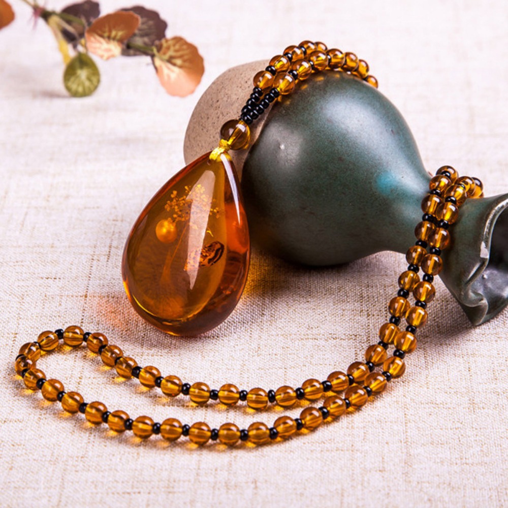 

Elegant Brazilian Amber Necklace With Beeswax Pendant - Vintage-inspired, Jewelry For & Parties