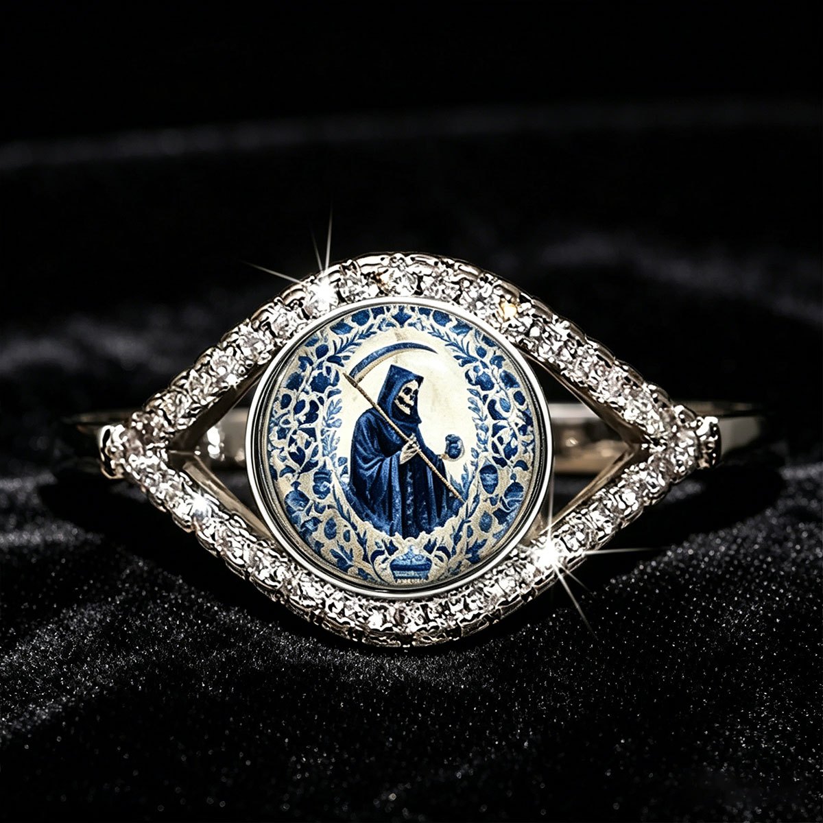 TEMU Anillo de moda para mujer con elegante diseño de la muerte estilo porcelana azul y , a con incrustaciones de circonia, joyería anti-alérgica,