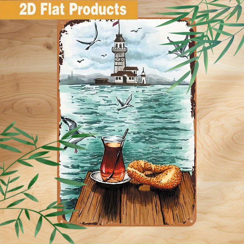 TEMU 2d Flat - Wall Art Vintage Istanbul Sea Wall Art Plaque - Lighthouse And Coffee Cup Metal Sign, Durable Iron Istanbul Map Decor For Home, Cafe,