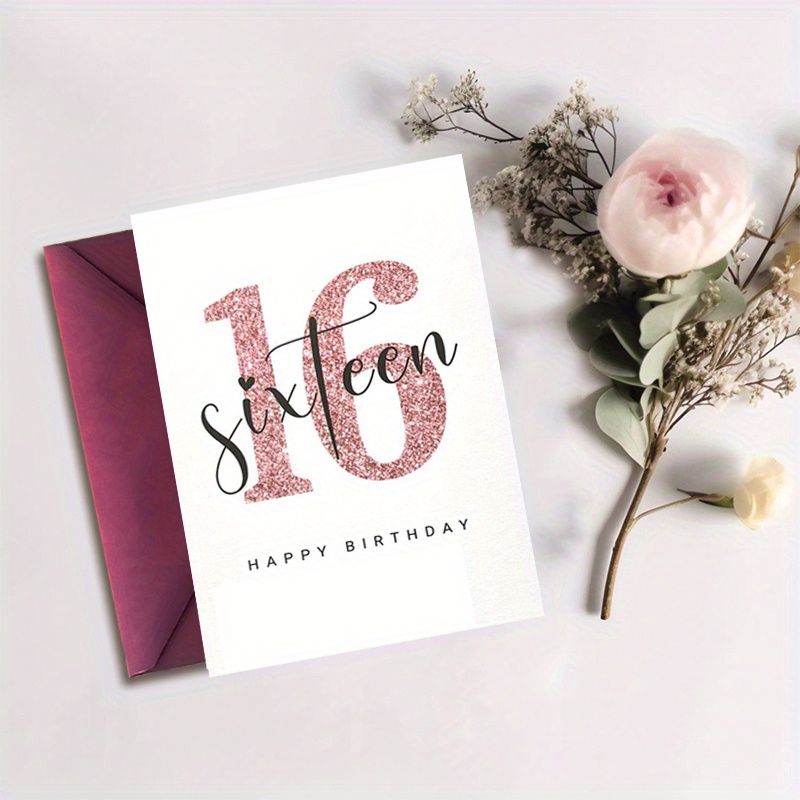 

1pc Elegant Glittery "16" 16th Birthday Card With Envelope, Teen Greeting Card For Celebration