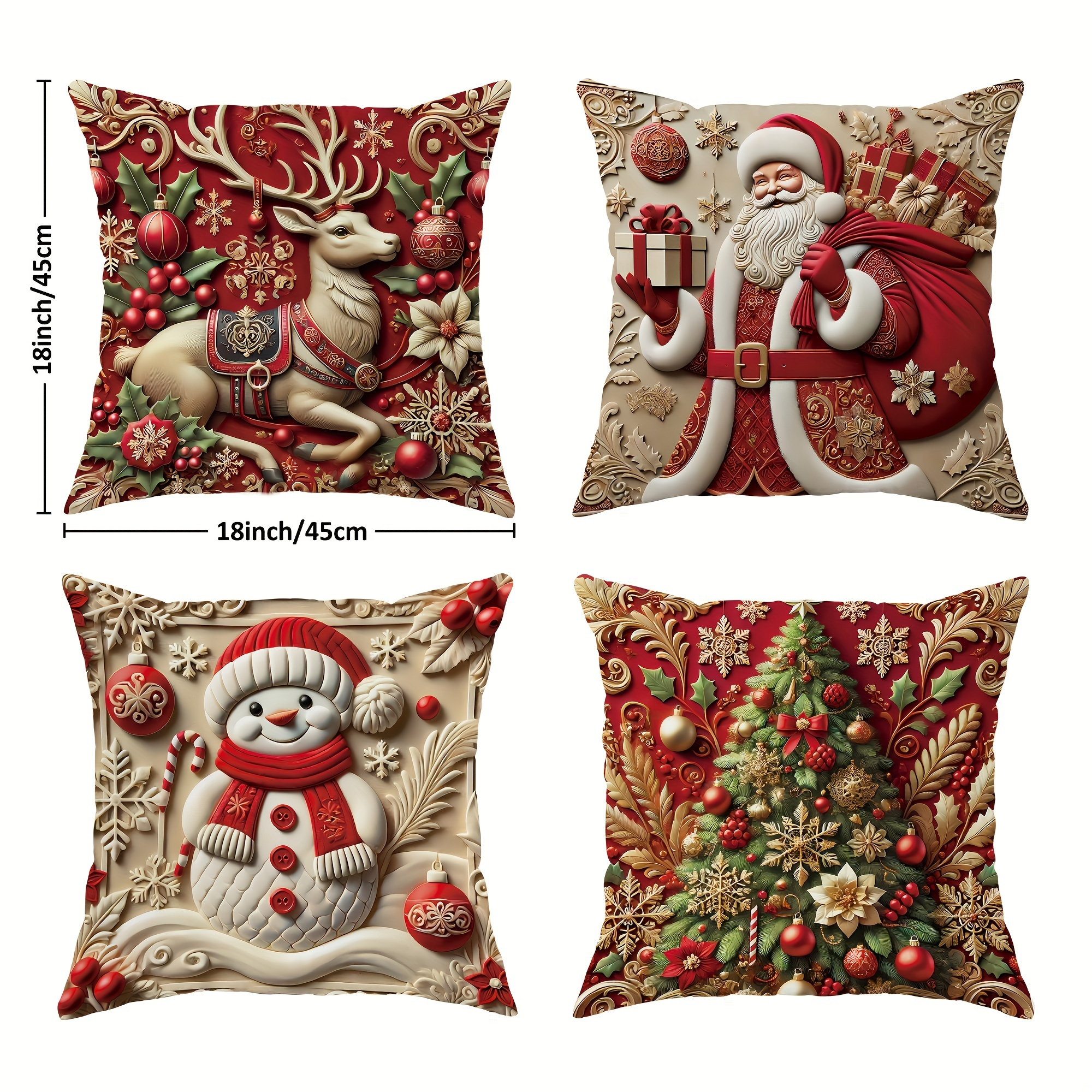 TEMU 4-pack Christmas Pillow Covers With Santa, Snowman & Reindeer - Woven Polyester Decorative Pillowcases For Sofa And Living Room, Contemporary