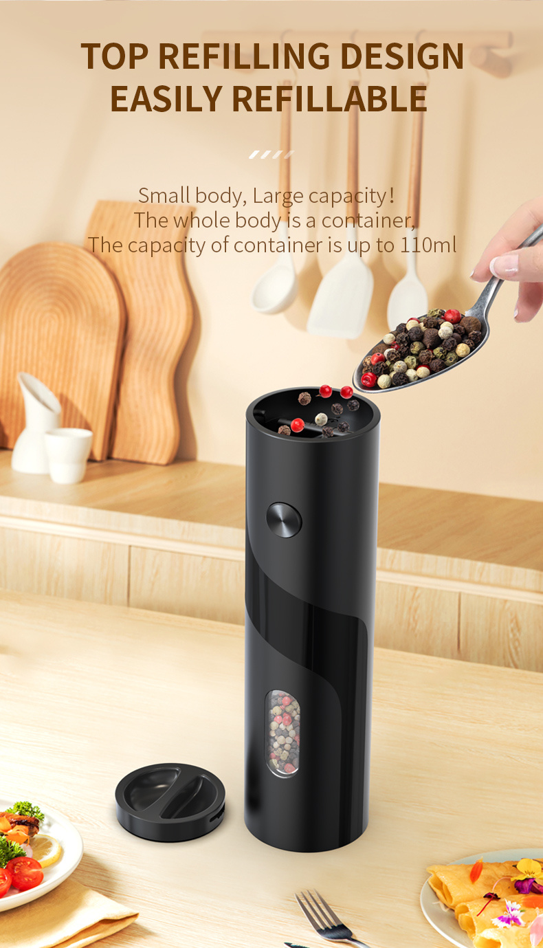 electric salt and pepper grinder adjustable coarseness refillable battery operated automatic kitchen grinder essential kitchen gadgets and accessories square shape 10l capacity requires 4 aaa batteries not included details 2