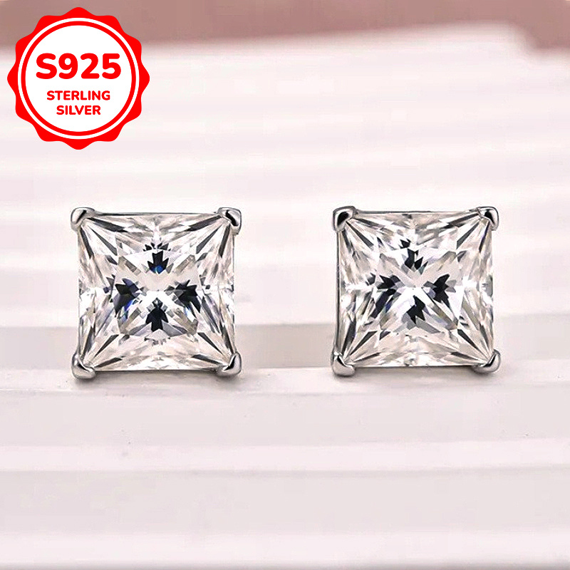 Stylish 925 Silver Square Synthetic Cubic Zirconia Stud Earrings