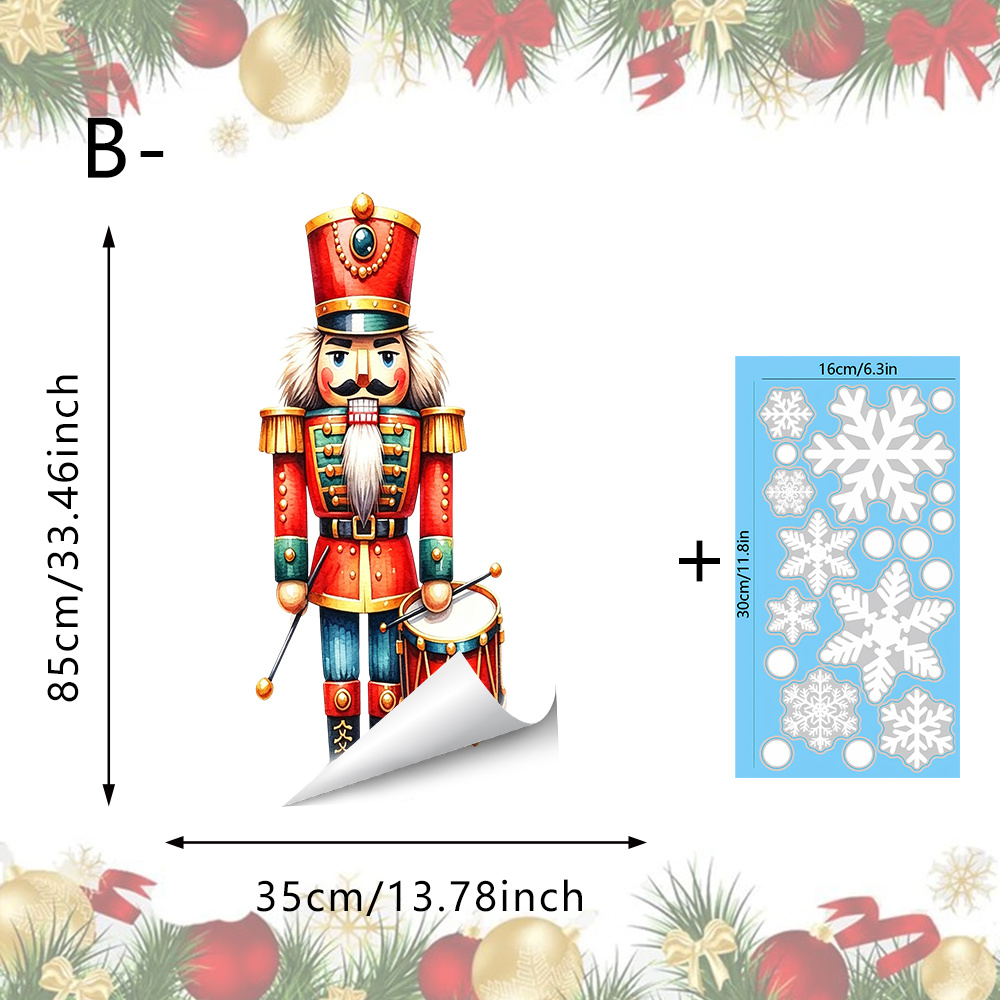 TEMU 2pcs Set Of Large Christmas Nutcracker And Snowflake Window Decals, Holding Drumsticks, Featuring A Traditional And Green A Christmas Tree With