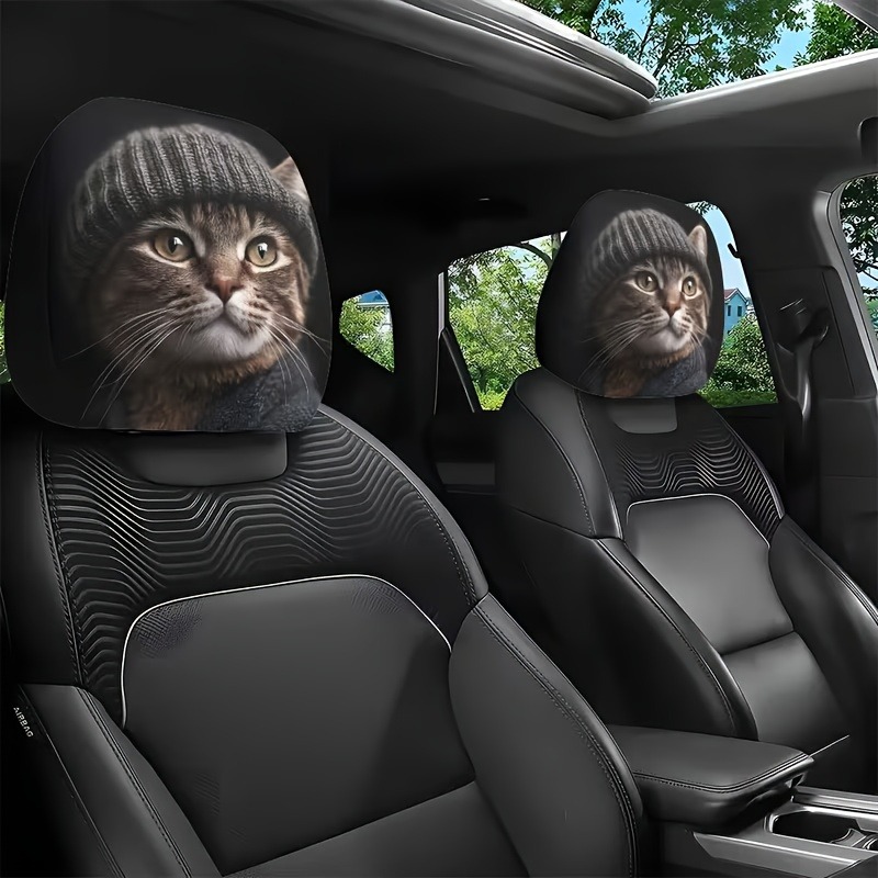 TEMU 2pcs Cat With Beanie Car Headrest Covers, Cute , Fits Car Front Seats, Cool Cute Cat Print, 2d Double-sided Print, All Season , Cat With Beanie