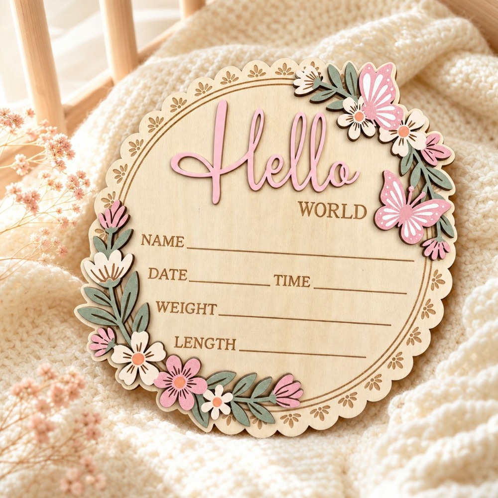 TEMU Bow Floral Shaped Wooden Birth Information Board, Printed With "hello World". Can Record Name And , Used Prop For Newborns, For Nursery And