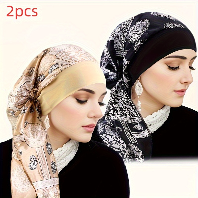 TEMU 2pcs Of Fashion Women's Stretch Wide Brim Printed Headscarf Hat, Head Wrap, Pirate Hat, Printed Tie Hat, Suitable For And Outdoor Wear
