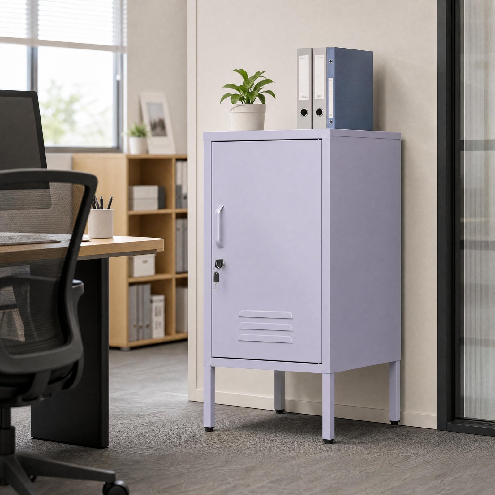 Metal Office Filing Cabinet, Lockable Storage Cabinet with 2 Adjustable Shelves for Documents, Modern Steel Side Table with Lock for Home Office, Bedroom Nightstand, Secure Ventilated Locker
