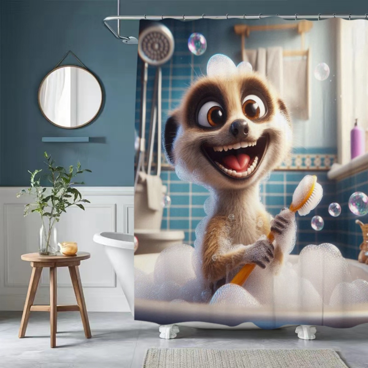 TEMU 1pc Funny Bathroom Shower Curtain - No Drill Hooks Included, Cute Animal Bath Decor With Bubble Bath Scene - Machine Washable Polyester Curtain