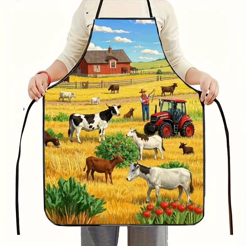 TEMU 1 Vintage Farm Apron - Rustic And Gardening Apron, Featuring Patterns Including Cows, Sheep, Chickens, Tractors, Cabbages, Wheat , And Red Barns