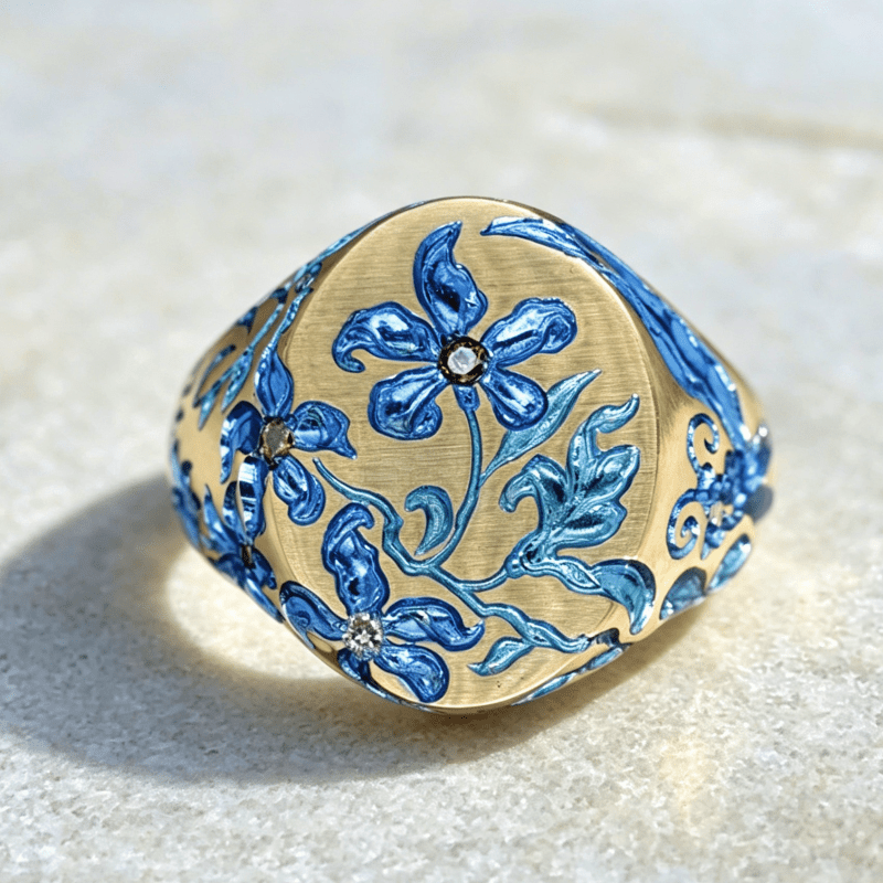 TEMU Blue Enamel Inlay Synthetic Zirconia Flower Ring Retro Hand Carving Geometry Wide Ring For Women Party Banquet Daily Vacation Fashion Elegant
