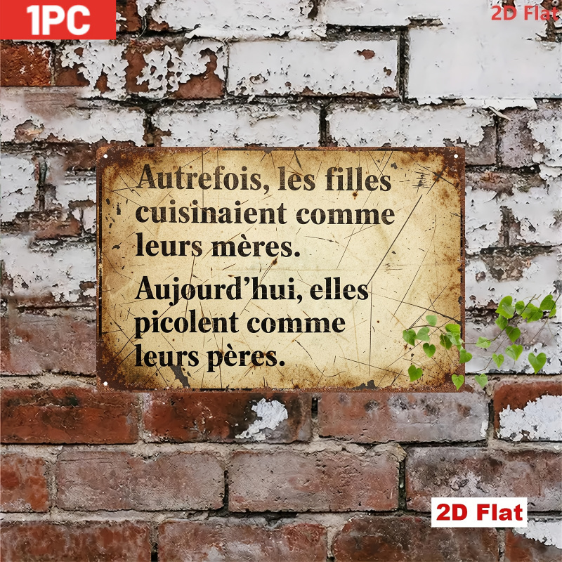 TEMU Panneau Décoratif 2D Plat 1 Slogan Français Rétro en Métal, 7.87X11.81Pouces Peinture Décorative en Fer, avec Des de Vie Humoristiques,