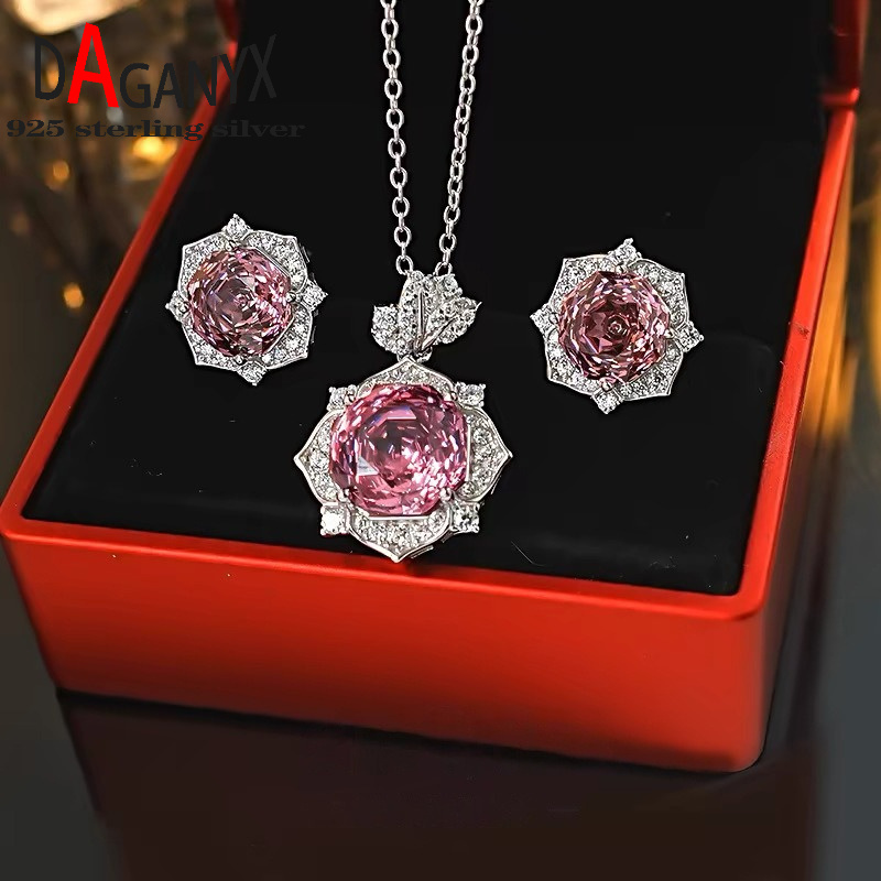 TEMU S925 Silver Moissanite Rose Purple-pink Flower Necklace For Women, Fashionable And Easy Inlaid High-carbon Stone Earrings, Exquisite Jewelry