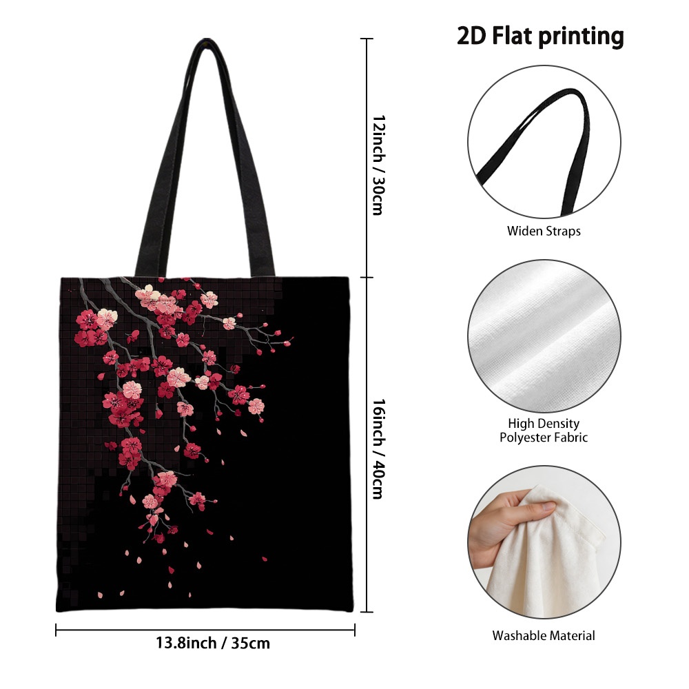 TEMU 1pc Stylish Cherry Blossoms Branch Pattern Tote Bag - Spacious Reusable Grocery Bags With Fixed Shoulder Strap, Versatile Handbag For Work,