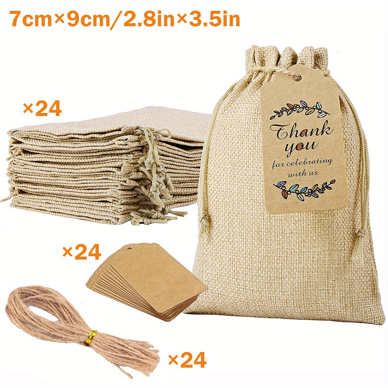 E-shop 72 Stück/24er Set Jutesäckchen mit Zugband, Partygeschenktüten und Geschenkanhänger & Schnur, Leinenbeutel für Hochzeiten, Schmucktaschen,