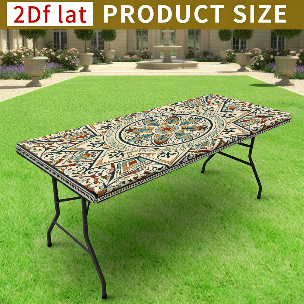 TEMU Halloween,christmas,1pc Rectangular Summer Outdoor Elastic Stretch Edge Tablecloth, Terracotta Teal Bohemian Radial Mandala Tile Print