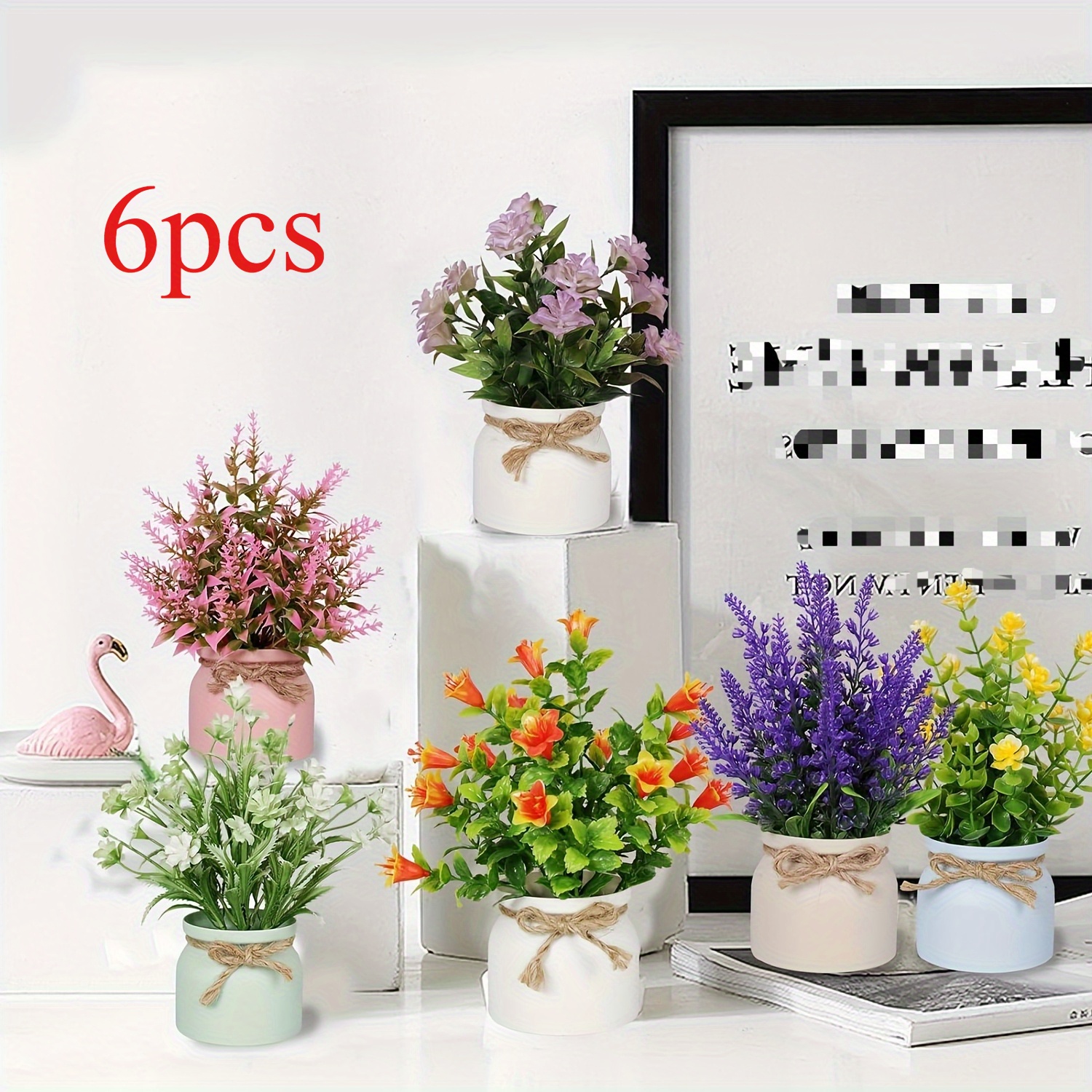 Image of A Set Of 6 Artificial Potted Flowers, Featuring Small Faux Plants In Pots, Ideal For Decorating Desks At For Home Or