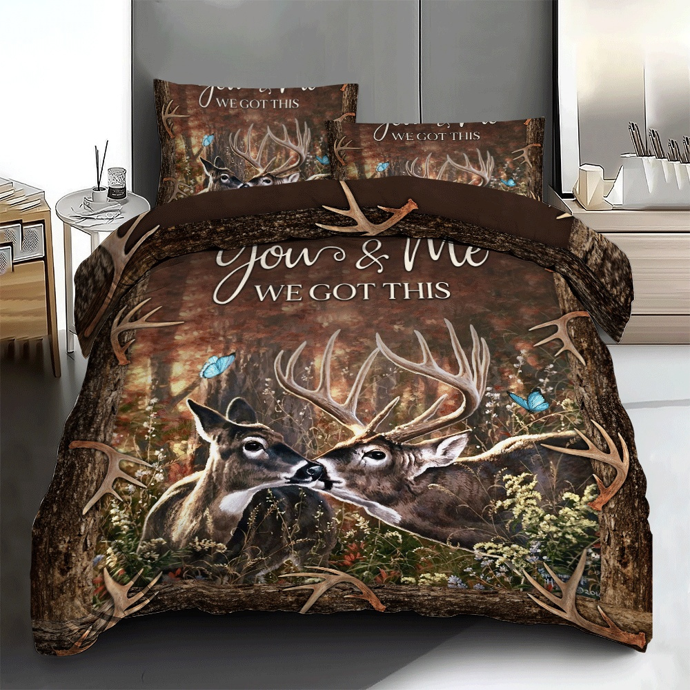 TEMU 3pcs Forest Deer Pattern Bedding Set - Soft & Comfortable Duvet Cover And Pillowcases, - Ideal Gift For