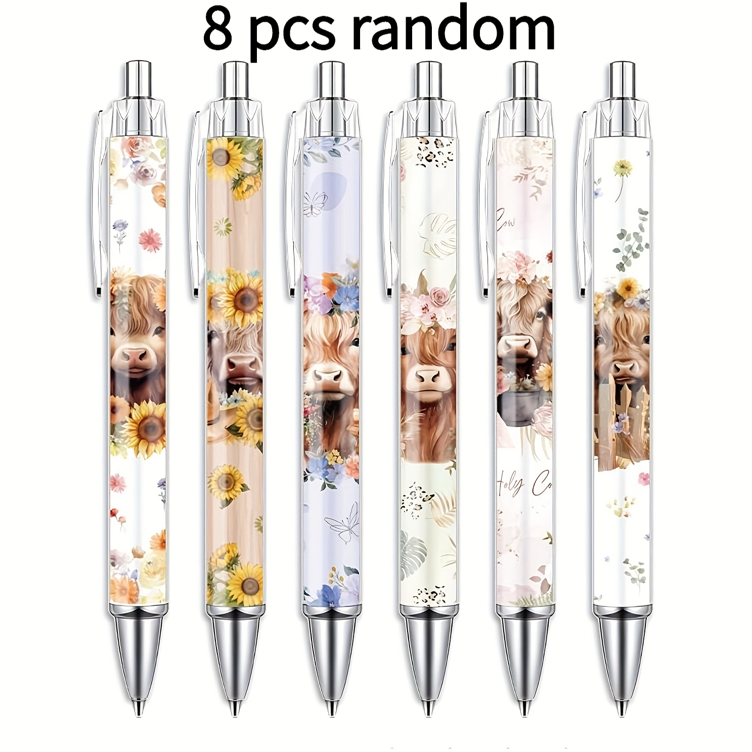 TEMU 8pcs Cute Highland Cow Print Pens, Random Pattern, Floral Highland Cow Pen 0.5mm Black Ink Press-style Ballpoint Pen Cartoon Highland Cow