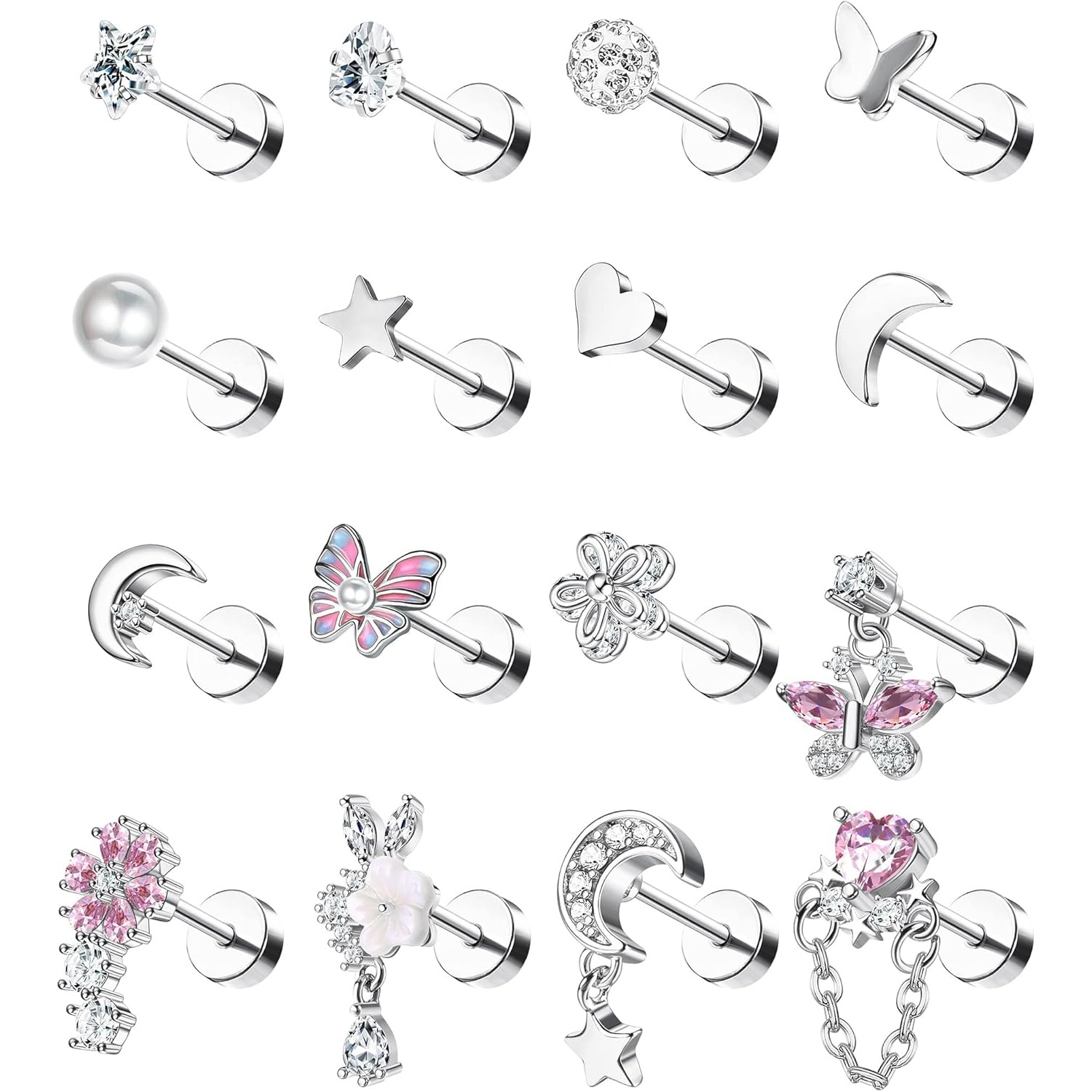 Image of 2d Flat, 16pcs Steel Cartilage Tragus Stud Earrings For Women Internally Threaded Heart Helix Piercing Lip Nose Labret Studs Flat Back Earring Piercing Jewellery