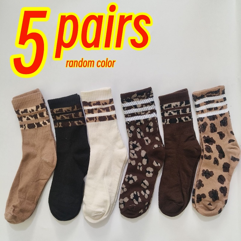 TEMU 5 Pairs Fashion Leopard Round-neck Socks - Random Colors, Suitable For Daily Outdoor Casual Wear, Trendy Striped Over-the-knee Socks, Women's