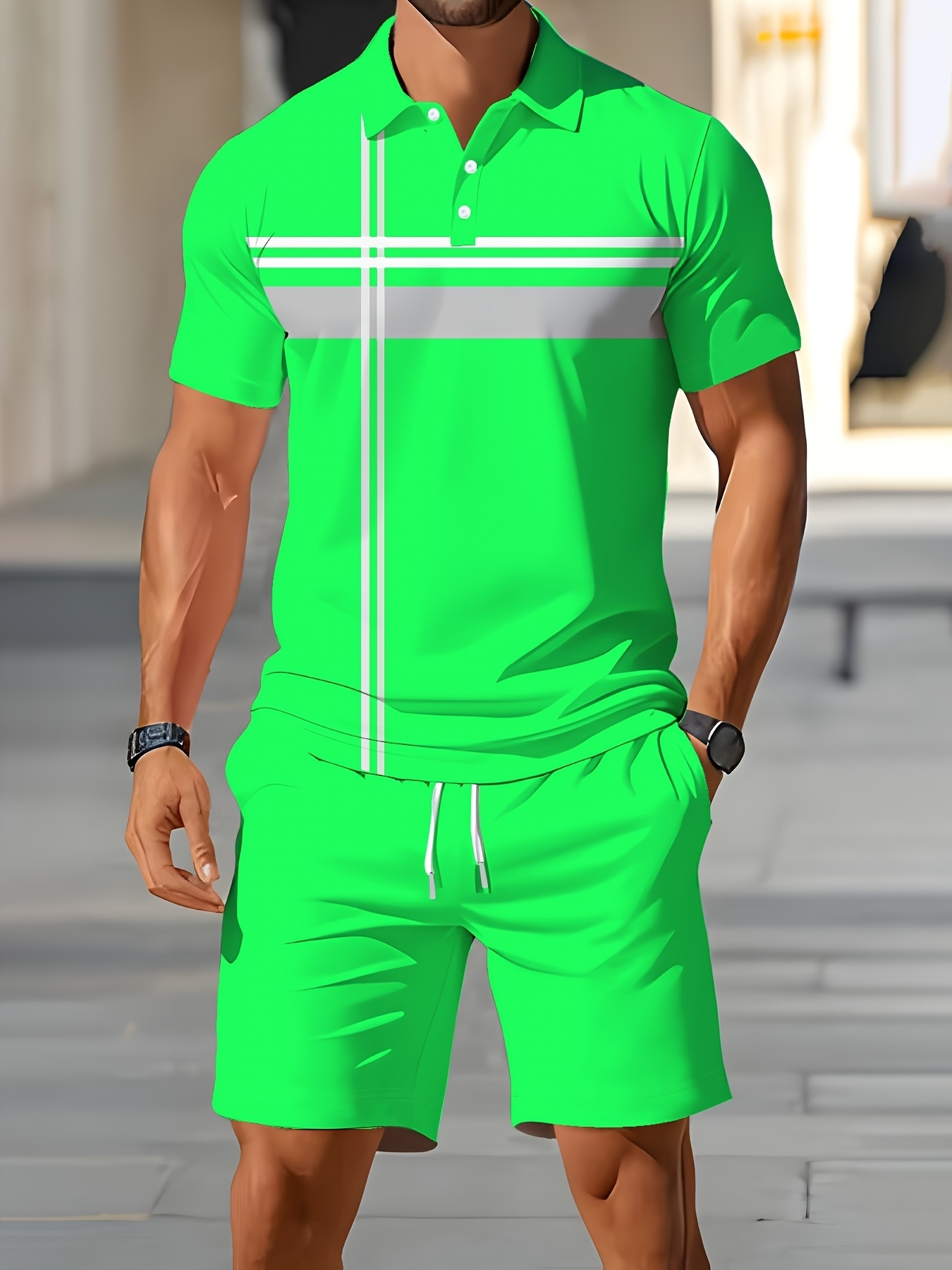 ensemble décontracté   pour homme - chemise et shorts 2 pièces pour tenue   en extérieur 0