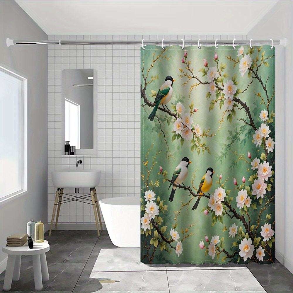TEMU 1pc Chinese Floral Bird Branch Flower Print Shower Curtain, Easy Artistic Style Bathroom Home Decor With Plastic Hook, Suitable For Machine