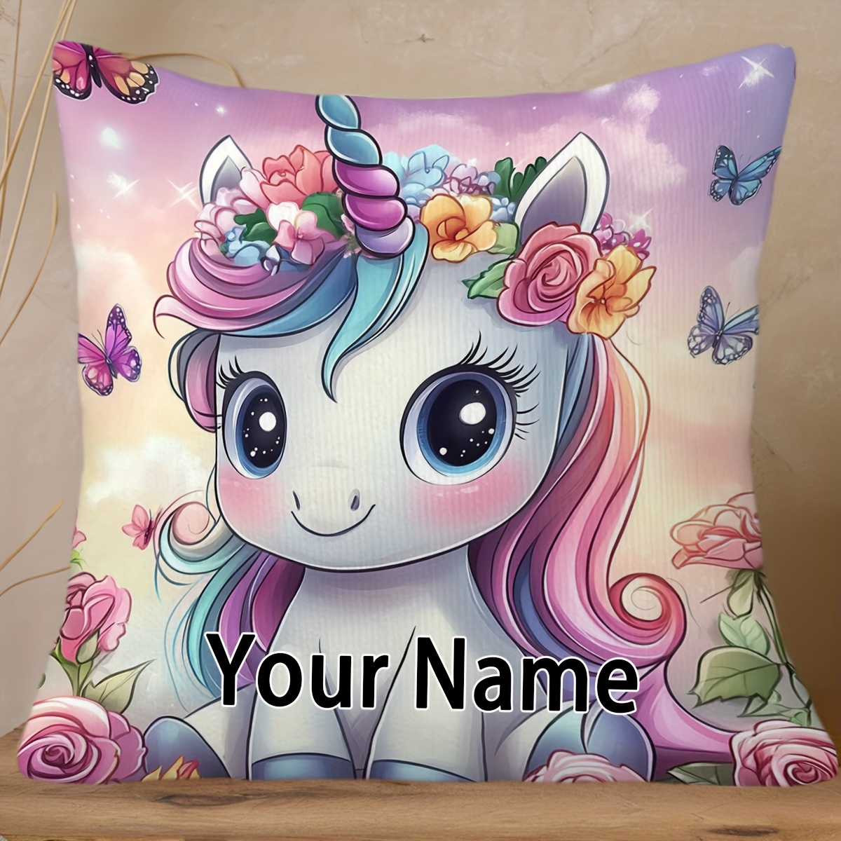 TEMU Customizable, 1pc, Throw Pillow Covers, Customizable With Greetings Or Names, Unicorn Crown Pattern, Short Plush Pillowcase, Elegant Decoration,