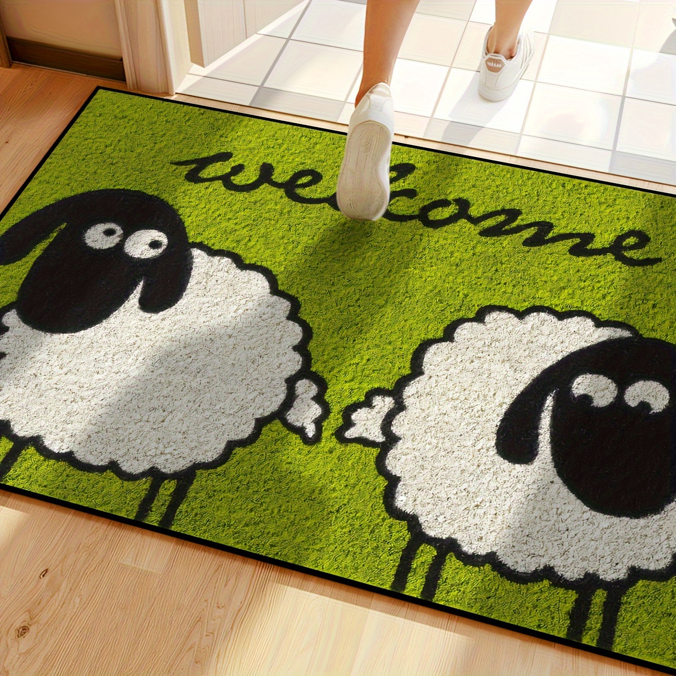 

1pc Country Style Sheep , Green Non-slip Backing, Machine Made Knit Polyester, Hand Washable, Stain Resistant, Low Pile, Rectangle Rug For Kitchen, Dining, Hallway, Bedroom - Home Decor