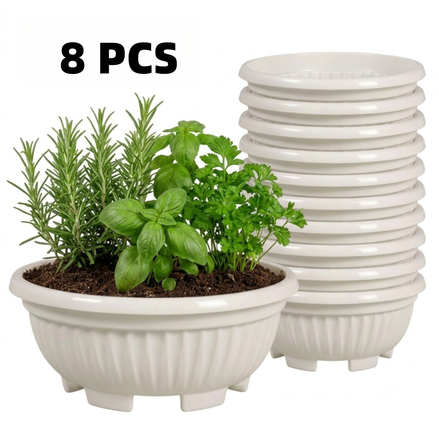 TEMU 8pcs Large Diameter Planters, 20.4cm/ Plastic Flower Pots, Bowl Shape, Uv-proof & Durable, Drainage Holes Prevent , For Garden Yard Balcony &