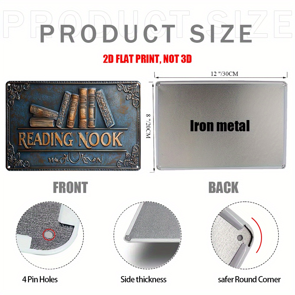 TEMU 2d Flat "reading Corner" Metal Wall Decoration, 12 * 8 Inch Retro "book Corner" Wall Decor Iron Art Decoration Sign Plaque, Farmhouse Porch