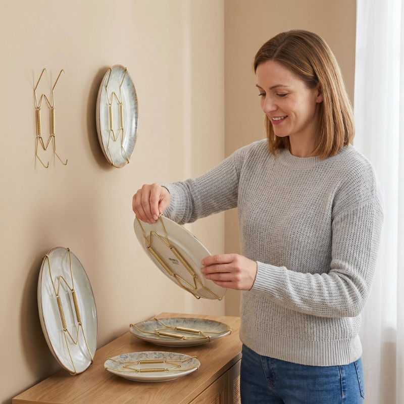 Adjustable Invisible Plate Hangers for Wall Display - Spring Wire Picture Mounts with & Golden Coating, Retains Elasticity Suitable for Gallery Walls, Art Studios, Modern Living Room Decor, Discreet Plate Holders