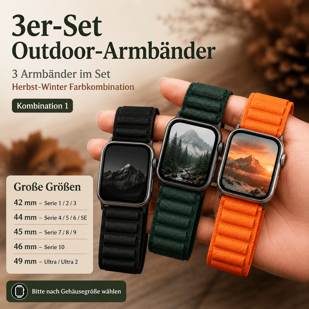 Image of 3 Pack Nylon Loop Watch Bands For Watch Series 11, 10, 9, 8, 7, 6, 5, 4, 3, Se & Ultra, Adjustable Replacement Wrist Straps For Autumn, Winter, Outdoor & Casual Daily Wear