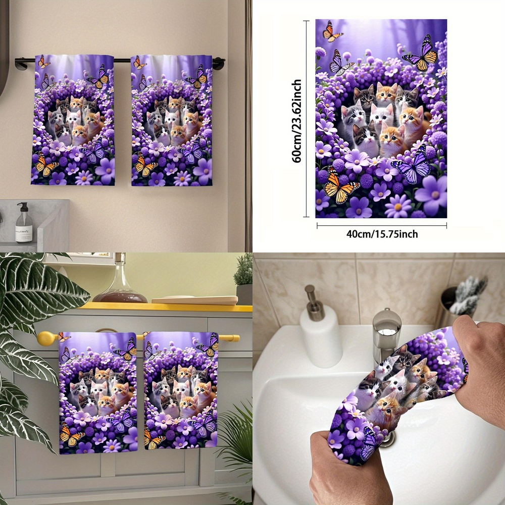 TEMU 2pcs 2d Flat Printed Towels, Single-sided Print, Cartoon Cat 2d Design, Soft And Comfortable, Durable, Odorless, Suitable For Bathroom, Kitchen,