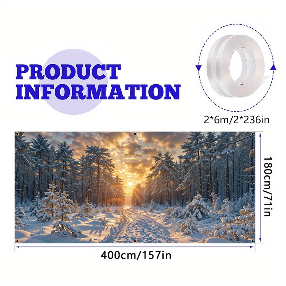 TEMU 1pc Polyester Christmas Garage Door Banner, Forest Snow Scene, Large 157x71 Inches, , Bright & Durable, Multipurpose For Entryway, Auto,