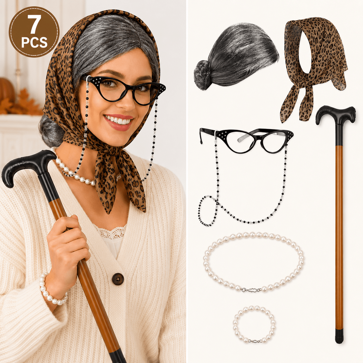 7pcs Grandma Costume Set with Pearl Jewelry