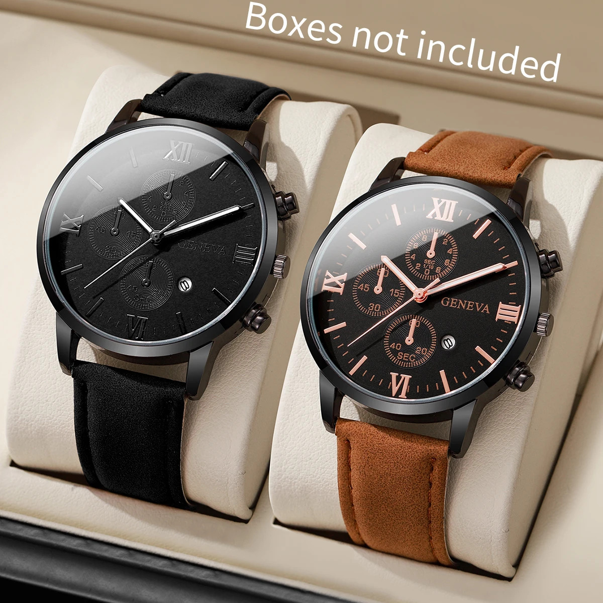 TEMU 2pocs/set Men's Casual Calendar Watch Set, Fashion And Casual Pu Quartz Watch Set(box Not Included), Black/brown