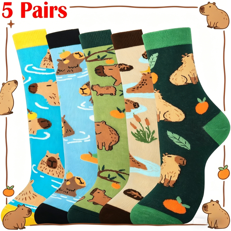 TEMU 5-pair Quazilli Capybara Socks Suitable For , Capybara-themed Mid-calf /shoe Compatible For -terrain Use (machine Washable) - Animal Party Gift