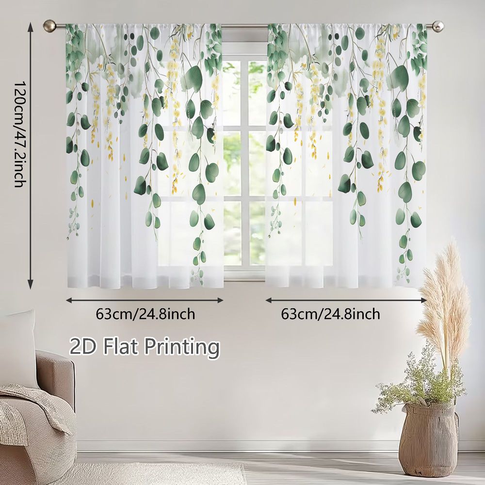 TEMU 2d Flat, 2pcs Spring Summer Small Sheer Curtains, Delicate Watercolor Botanical Branches With Eucalyptus Leaves And Pale Yellow Flowers, Living