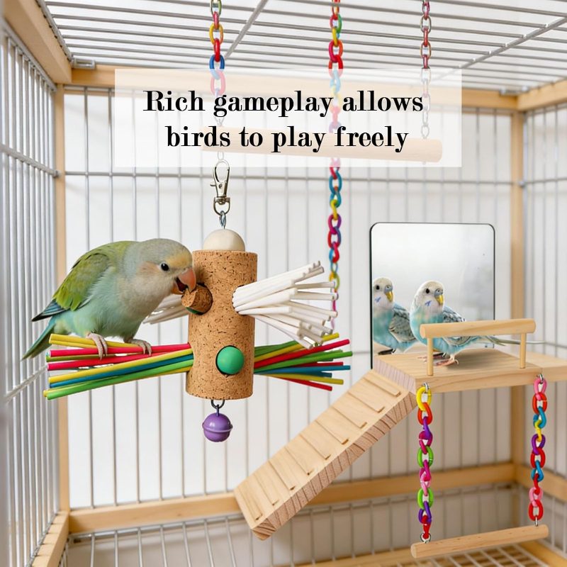 Multi-Functional Bird Perch & Climbing Ladder Swing with Chewable Mirror Toys - Suitable for Parrots, Parakeets, Budgies, Cockatiels - Interactive Climbing Gym for Cage, Chewing Activity for Beak & Vitality Stimulation