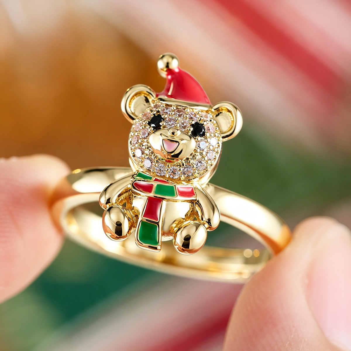 Women's Christmas Teddy Bear Open Ring, Holiday Gift