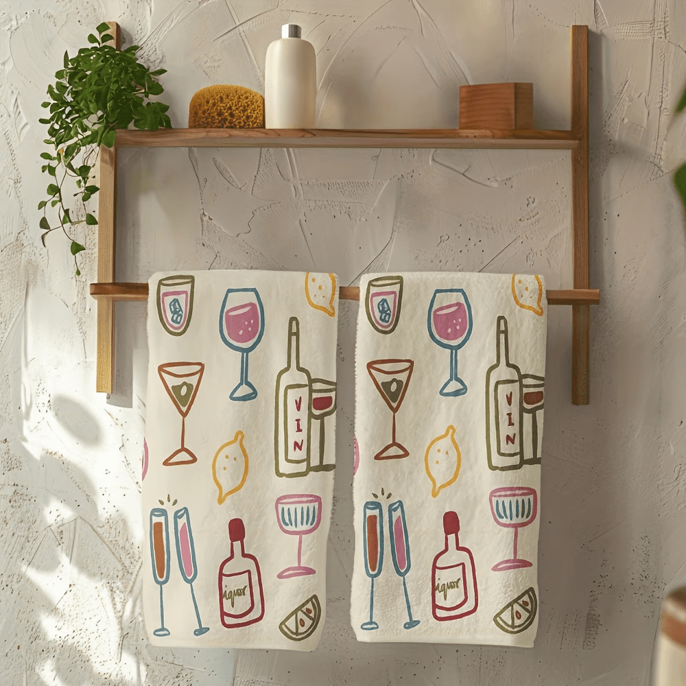 TEMU 2pcs, Wine Bottle Pattern Printed Dish Towels, Polyester Material, Featuring Wine Glasses, Bottles, And Lemon Designs, Rectangular Kitchen