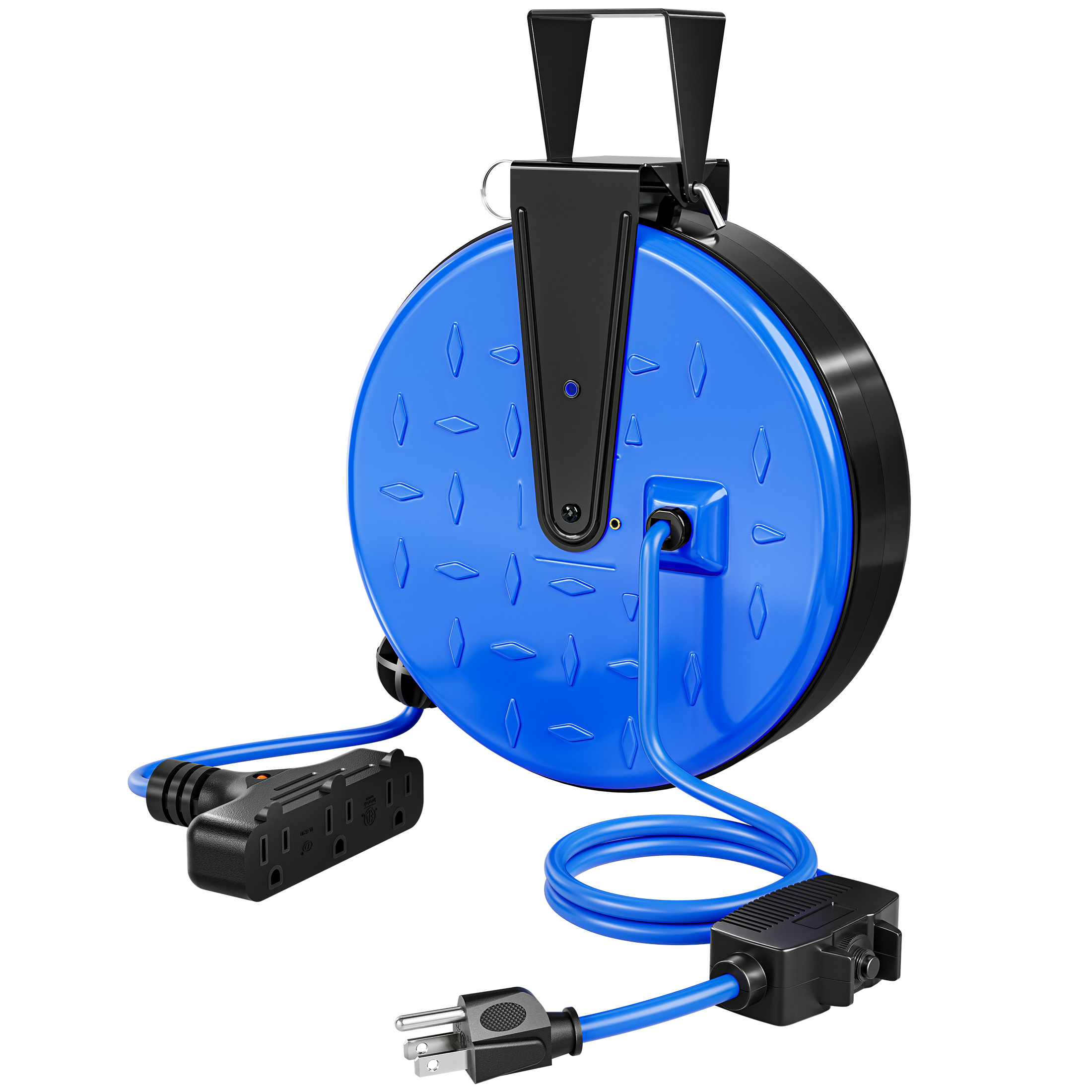 TEMU Bobine de cordon rétractable robuste de 30 pieds, câble d'extension 16/3 SJTW, dévidoir électrique à montage mural et au plafond avec 3 prises,