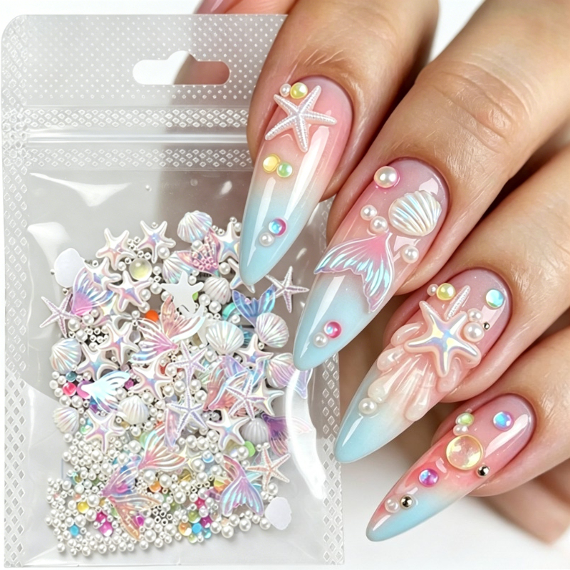 TEMU 2026 Autumn Winter New Arrival Ocean Theme Resin Nail Charms, Mermaid Tail Starfish Seashell Nail Decorations, Diy Ornaments For Nail Art, Phone