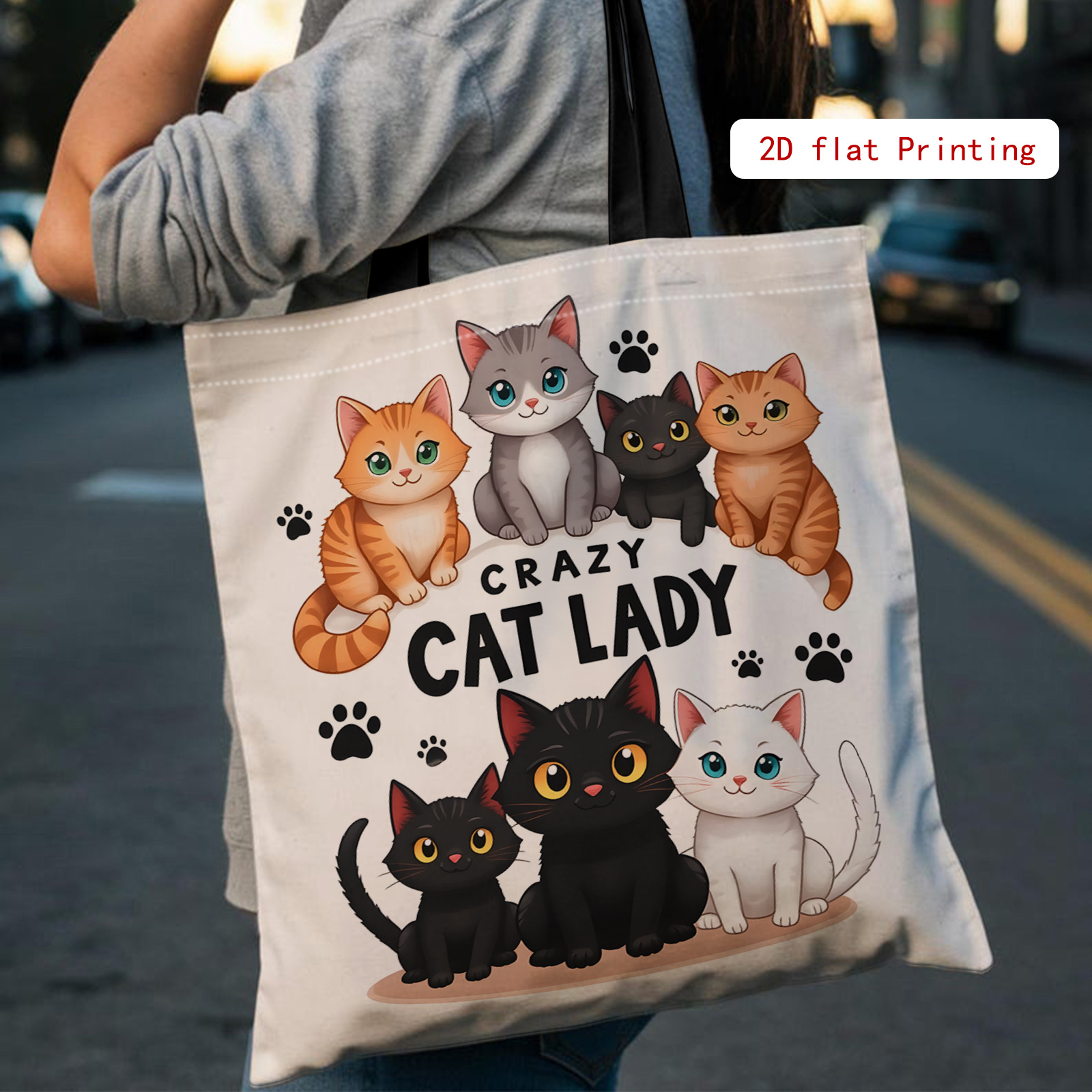 TEMU 1pc Double-sided Printing Thanksgiving 2d Printed Tote Bag, Design With Kitten Pattern, Perfect For Reusable Shopping, Women's Shoulder Bags And