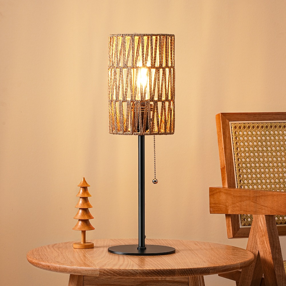 TEMU Edishine 19.1' Modern Black Table Lamp With Rattan Shade, Pull-chain Switch, E26 Socket, Elegant Lamp For Bedroom, Living Room, Office