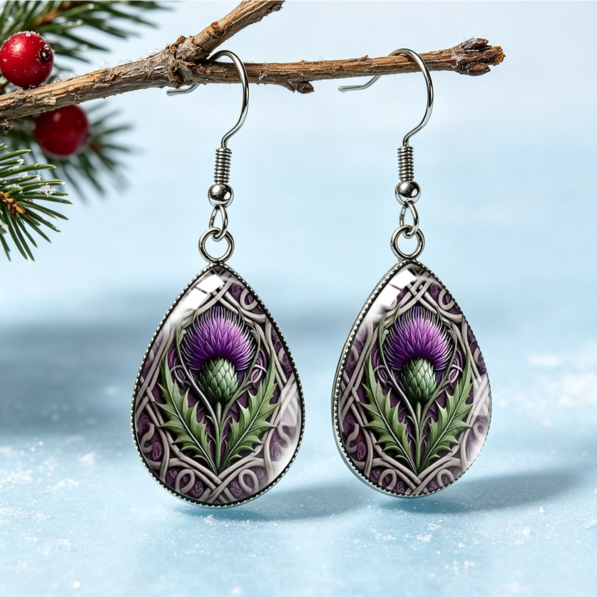 TEMU 1 Paire de Boucles d'Oreilles Pendantes Acier Inoxydable Violet Thistle Nœud Style Ethnique Vintage Unisexe Bijoux d'Oreilles, Pile