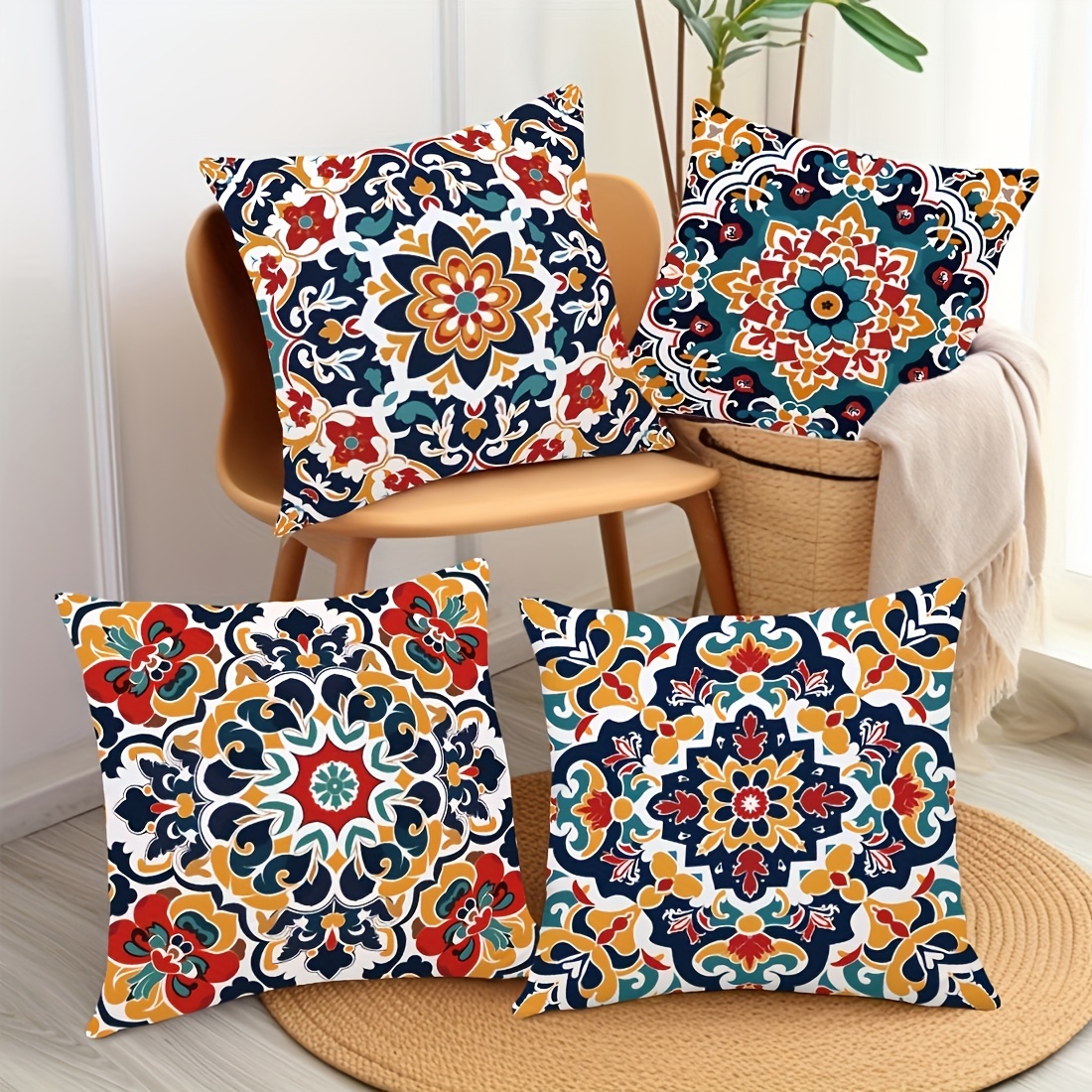 4pcs modern moroccan geometric pattern pillow covers-   carpet texture double-sided polyester material, zipper closure, machine washable, for living room and bedroom decoration(  not included), special double-sided printed cu, extra large pillow covers, pillow for living room, fun pillows, bed pillows decor, home decor, sofa cushions, contemporary design, durable fabric,   print, stylish cushion covers, throw pillowcases,   setup, Product details 1