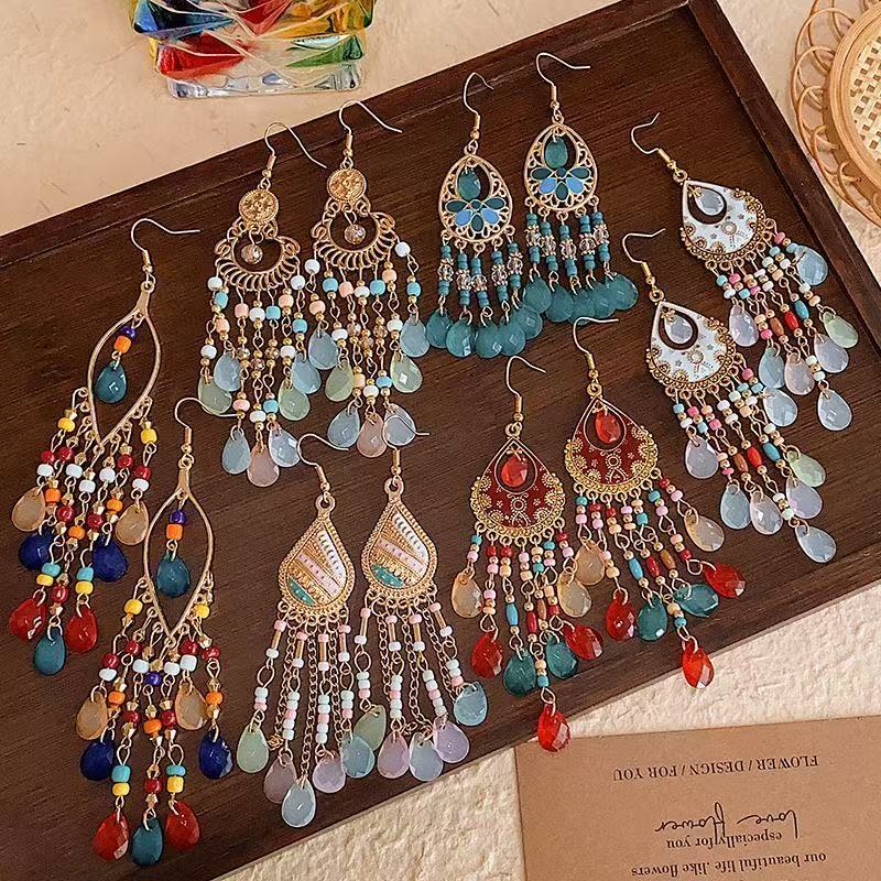 TEMU 6-pair Bohemian Tassel Earrings Set - Vintage Beaded Dangle Earrings With Teardrop & Round Beads, Multicolor Boho Statement Jewelry For Women,